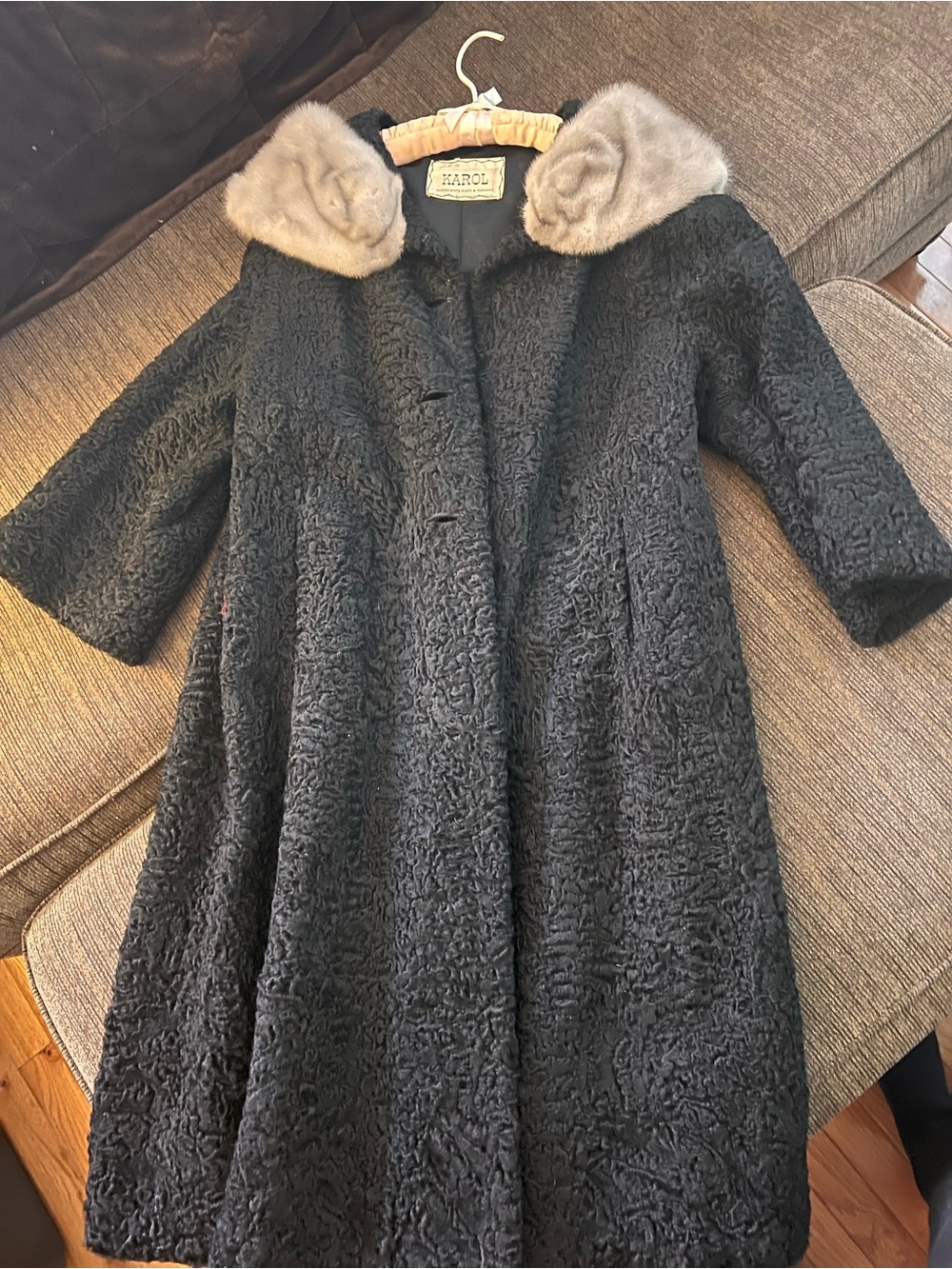 Black Faux Persian Lamb Trench Coat with Light Beige Fur Collar